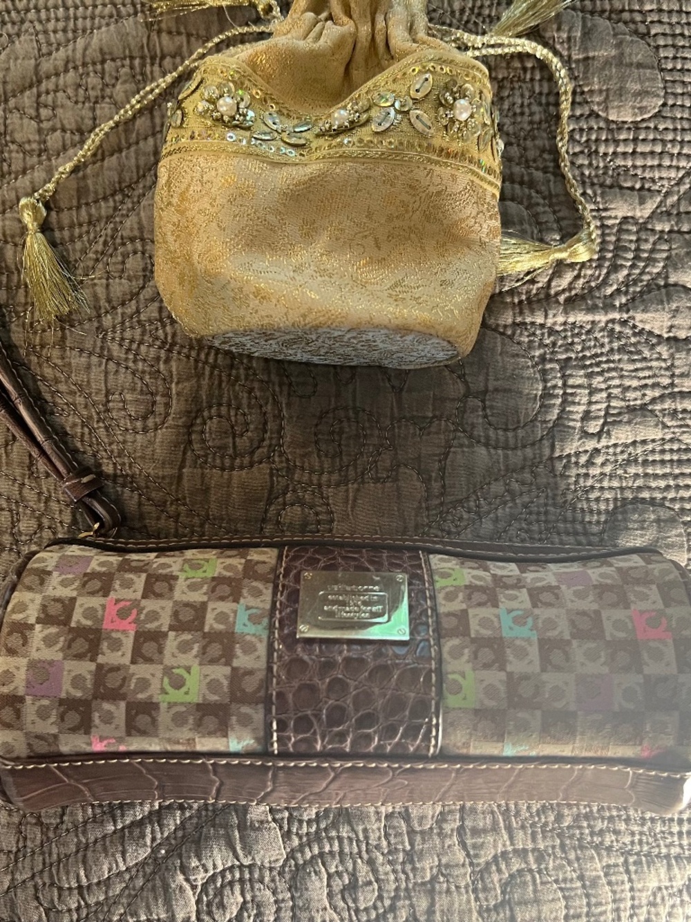Two Bags, Liz Claiborne Barrel Zipper Bag, Gold Brocade Bling Drawstring Bag